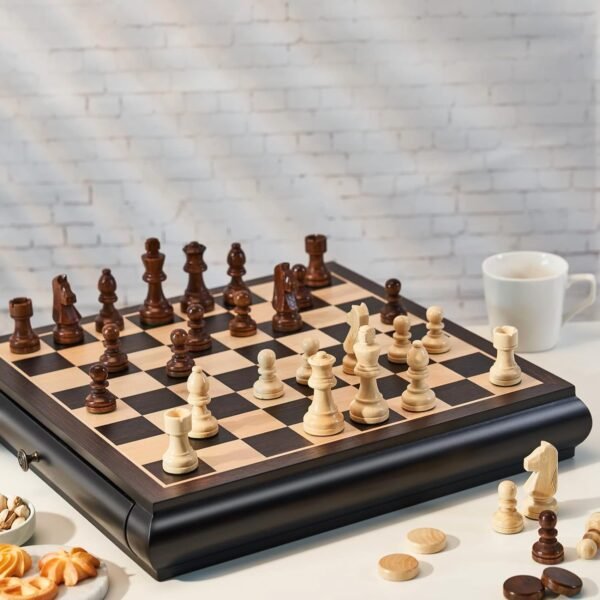 Luxury Wooden Chess Set with Elegant Black Storage Board 1